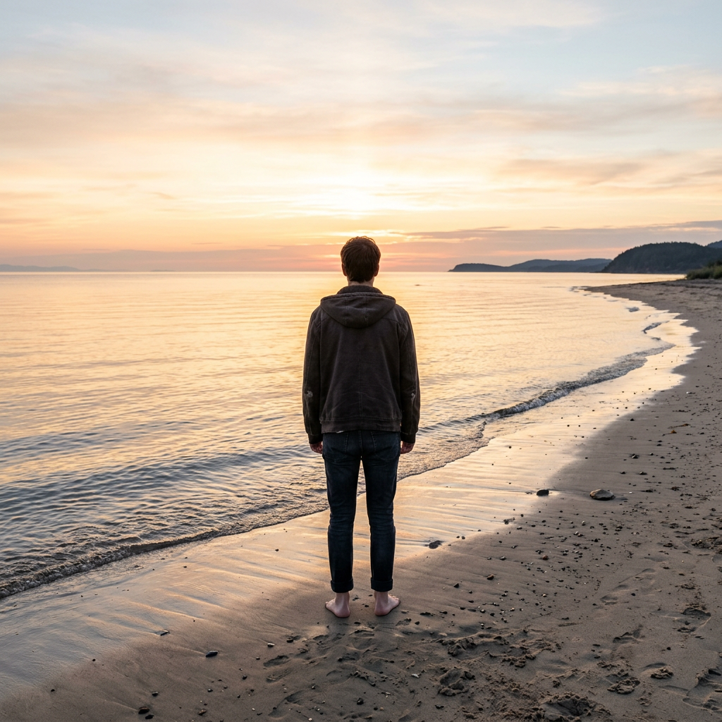 Solitary figure on a peaceful dawn shoreline